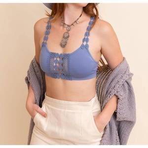 NEW LETO boho eye lace applique bralette in blue